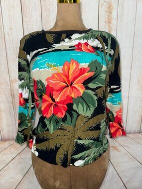 Carole Little 90s VTG Black Tropical Floral Top Red Hibiscus, palm leaves, M/L